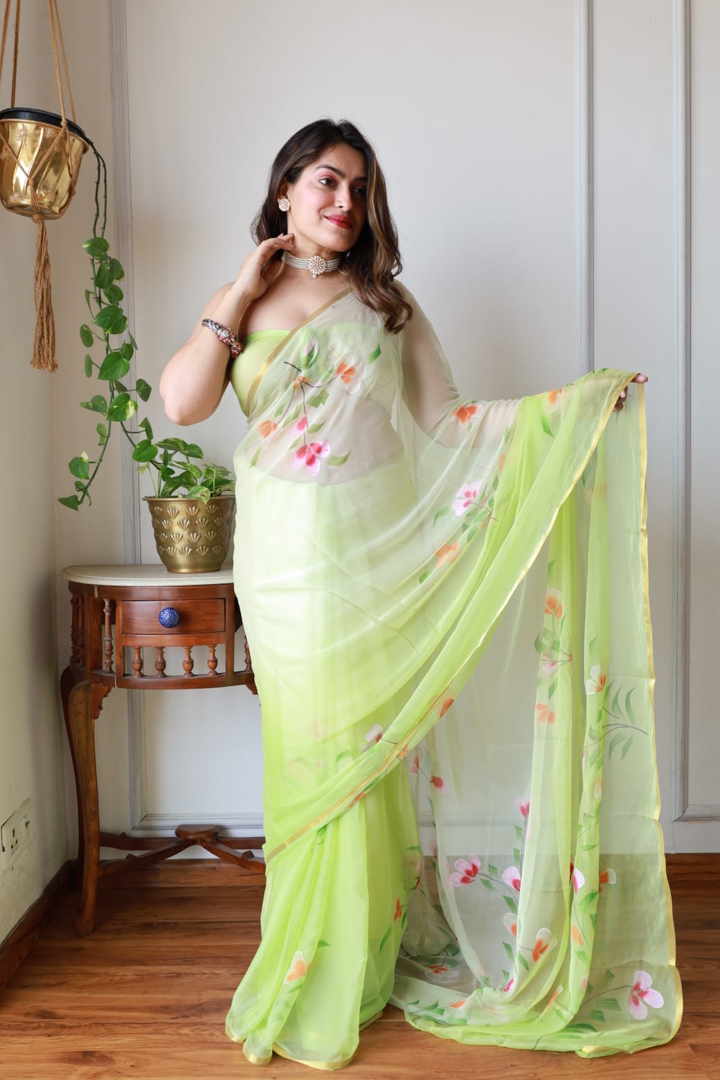 Hand Painted Chiffon Saree with Zari Border – Soft & Elegant Party Wear