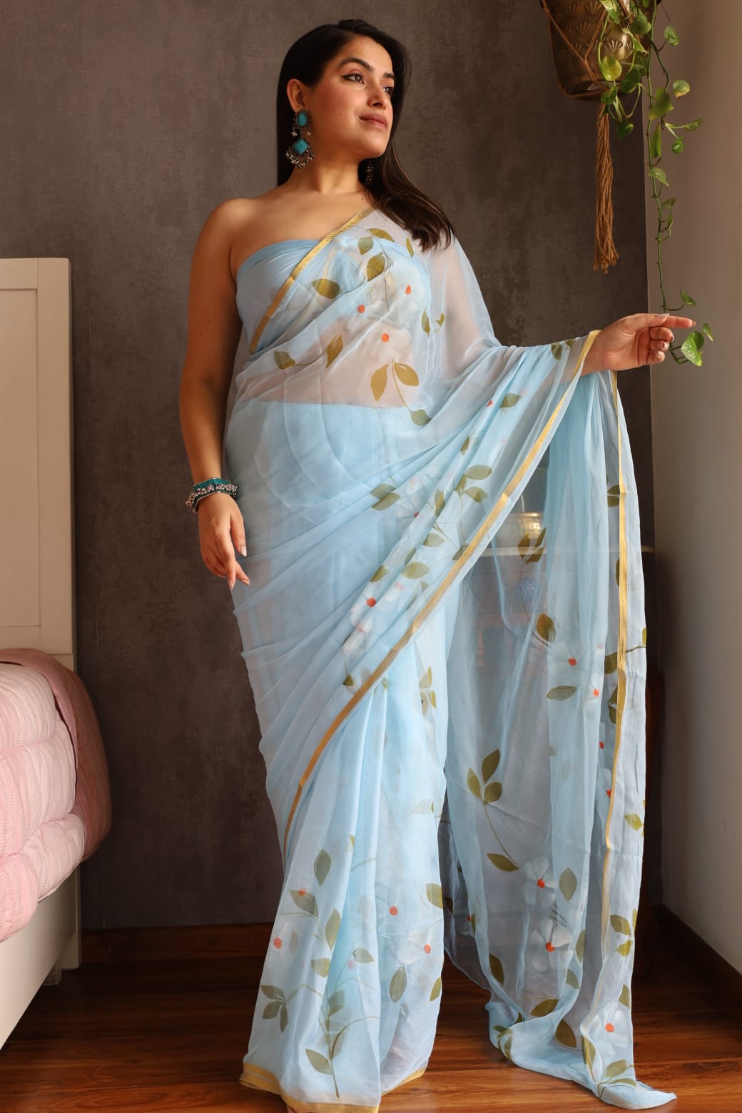 Hand Painted Chiffon Saree with Zari Border – Soft & Elegant Party Wear