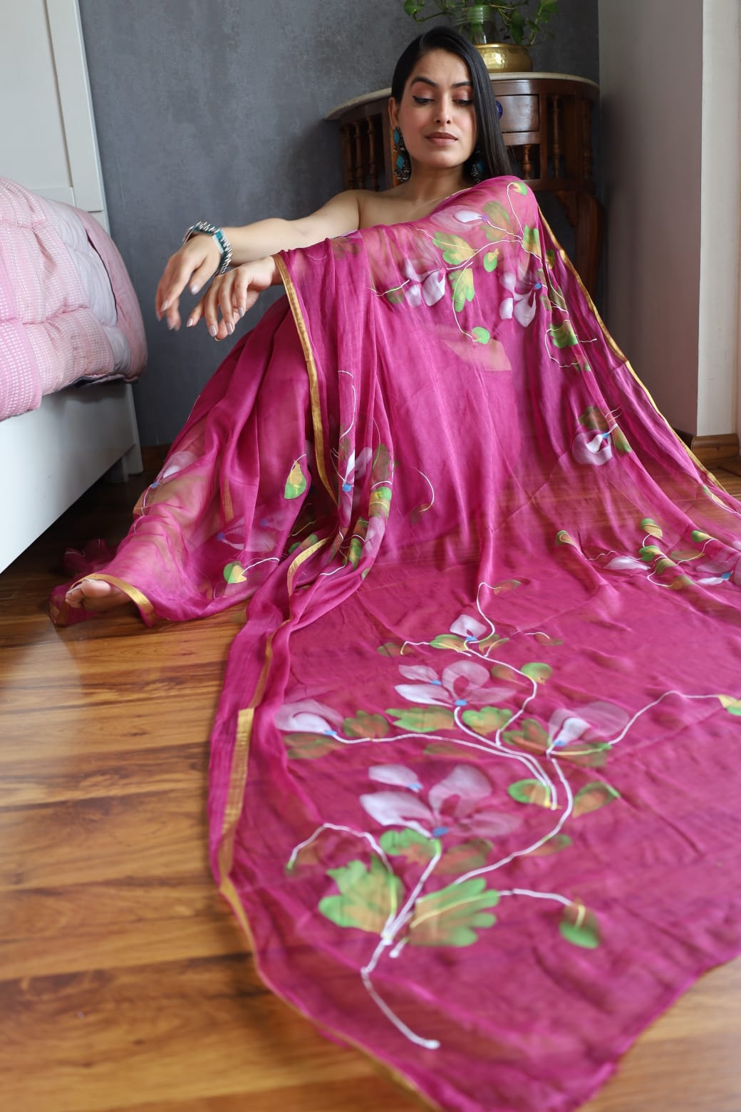 Hand Painted Chiffon Saree with Zari Border – Soft & Elegant Party Wear