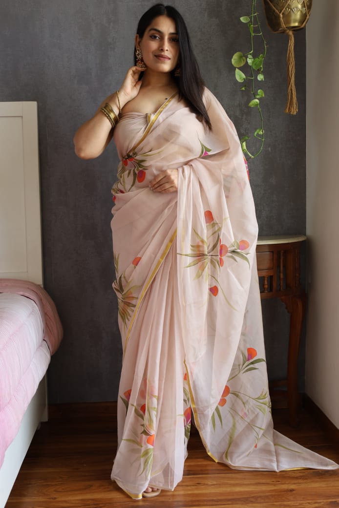 Hand Painted Chiffon Saree with Zari Border – Soft & Elegant Party Wear