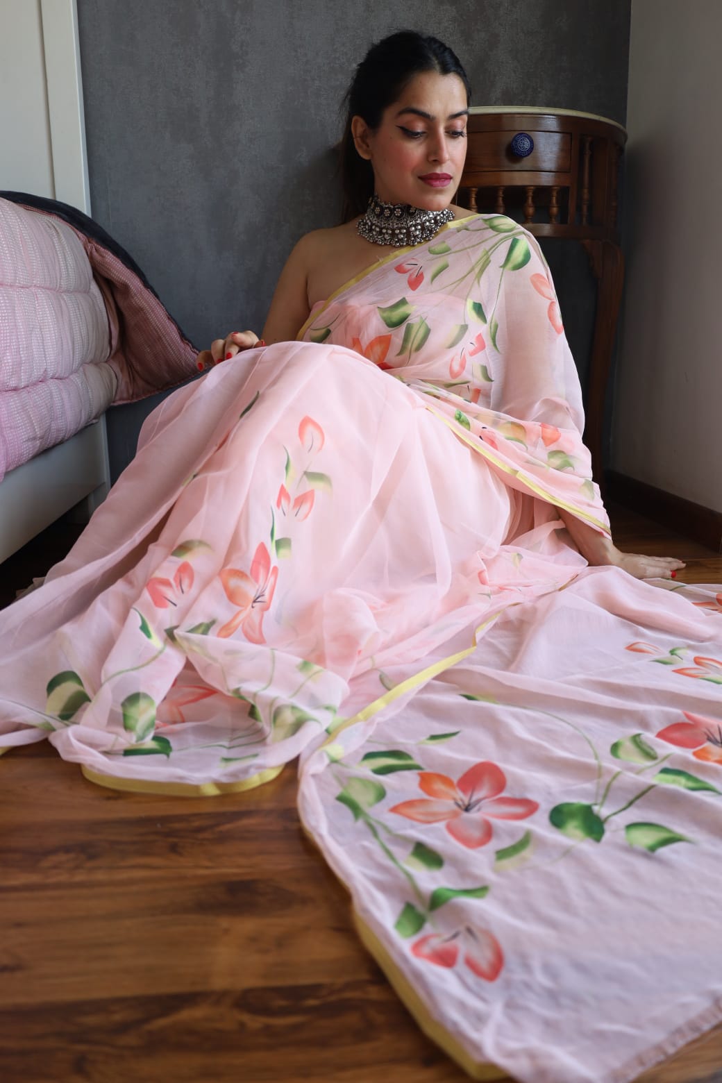 Hand Painted Chiffon Saree with Zari Border – Soft & Elegant Party Wear