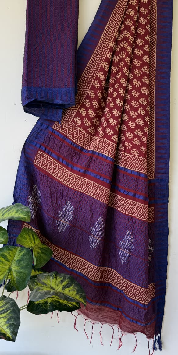 Hand Block Printed Cotton Silk Saree with Temple Border (Ajrakh & Dabu)