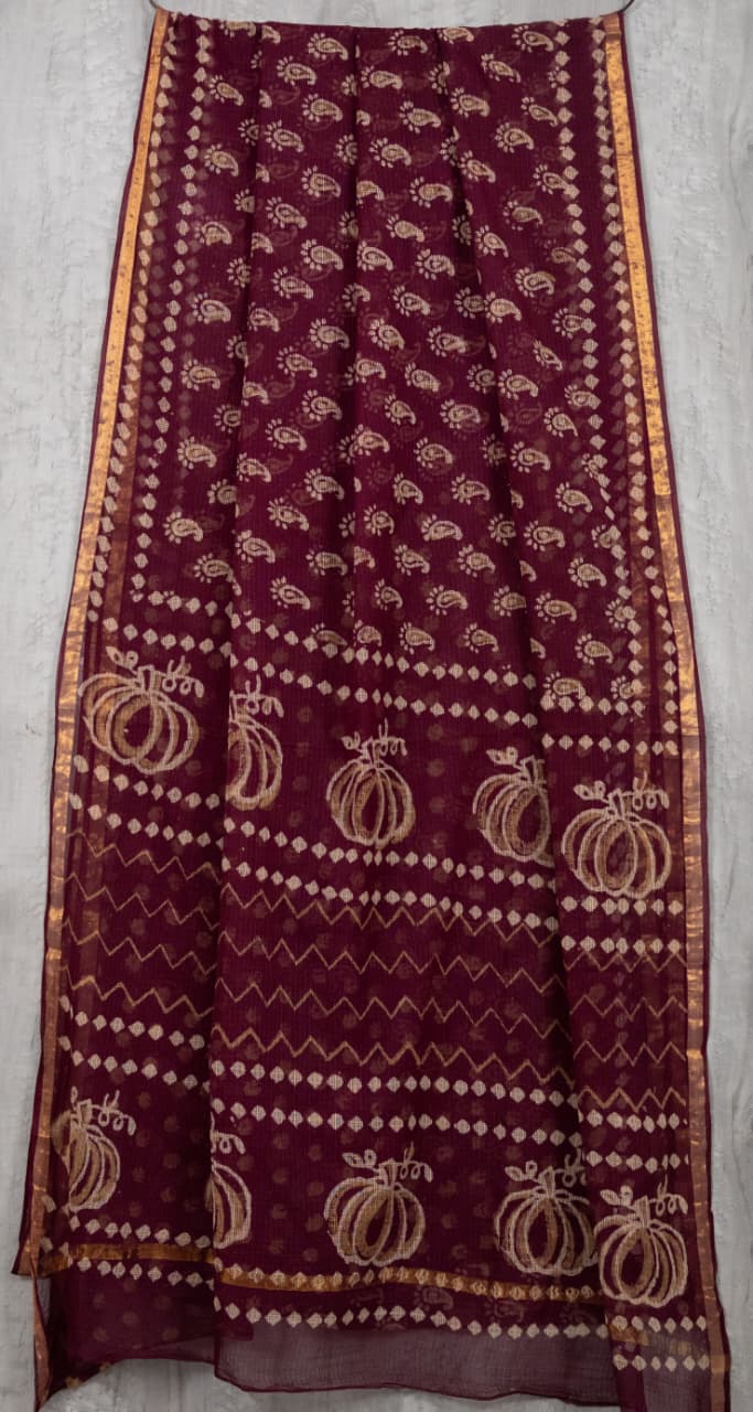 Kota Doriya Hand Block Printed Saree with Blouse (Natural Dye)