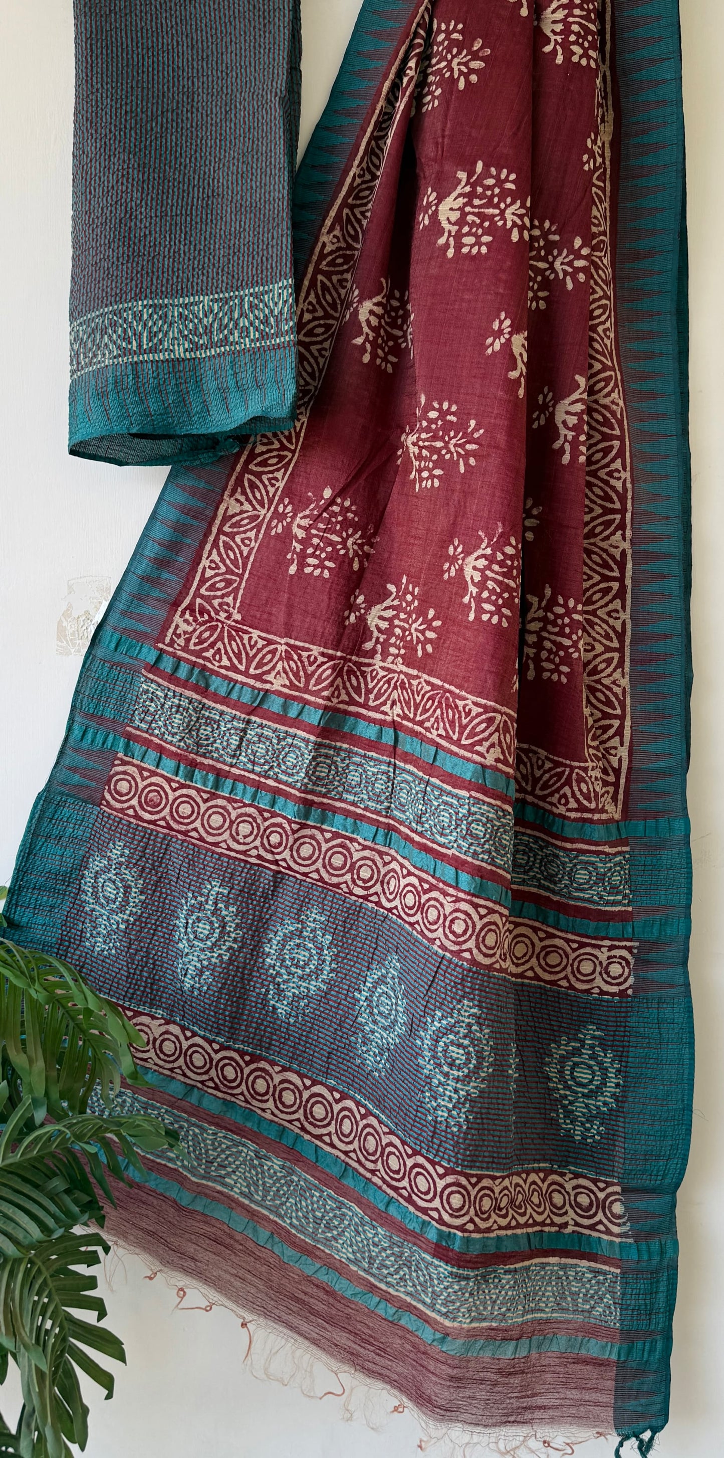Hand Block Printed Cotton Silk Saree with Temple Border (Ajrakh & Dabu)
