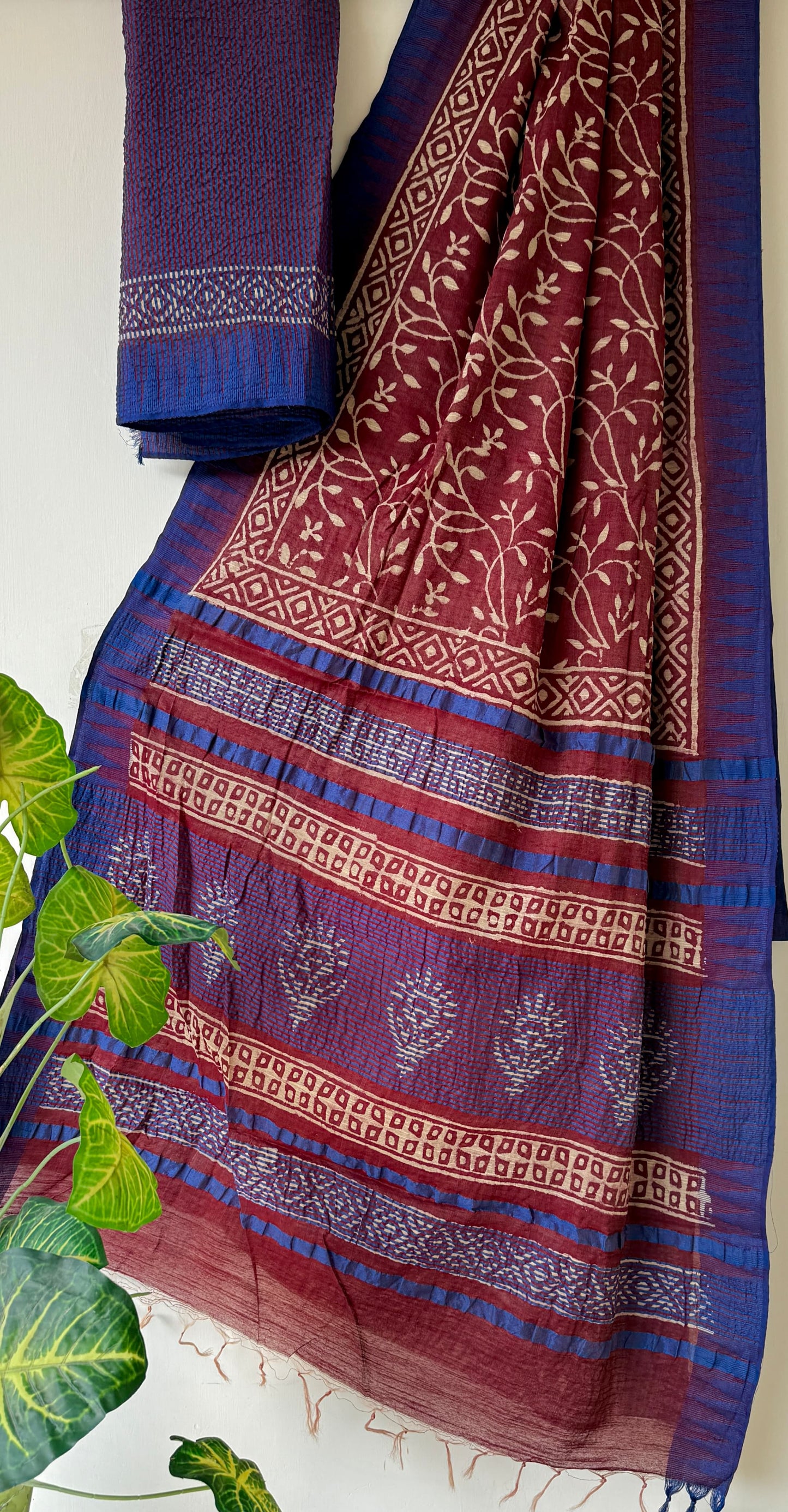 Hand Block Printed Cotton Silk Saree with Temple Border (Ajrakh & Dabu)