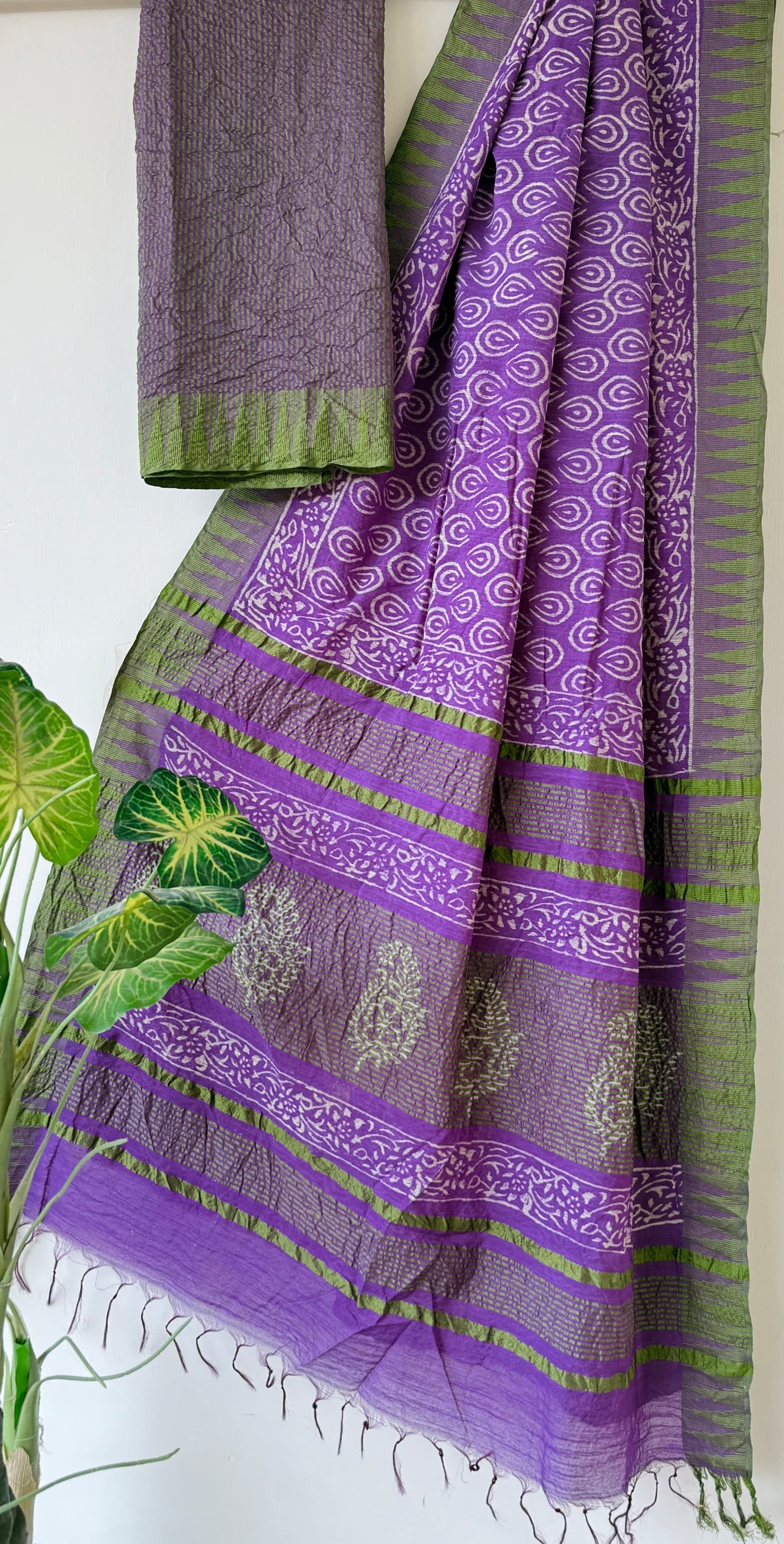 Hand Block Printed Cotton Silk Saree with Temple Border (Ajrakh & Dabu)