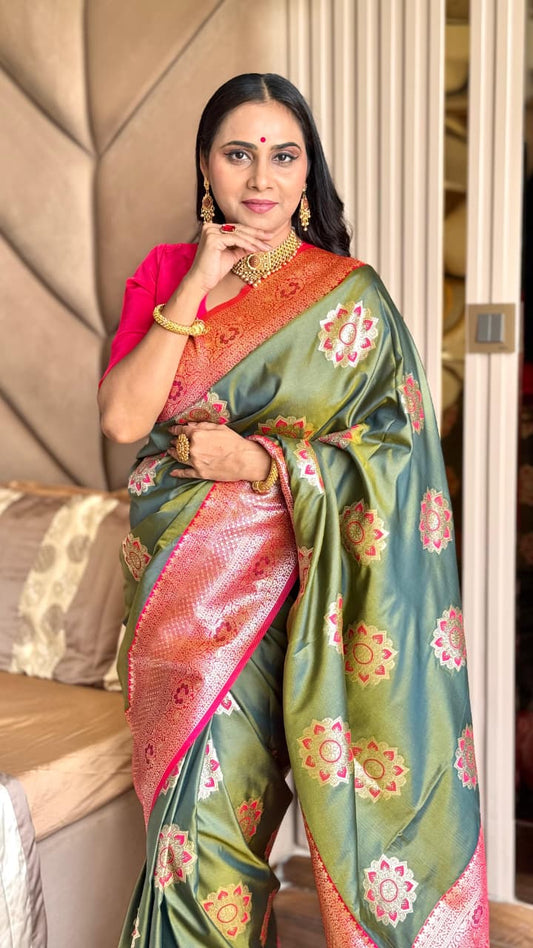 Soft & Elegant Banarasi Silk Saree with Rich Pallu & Contrast Border