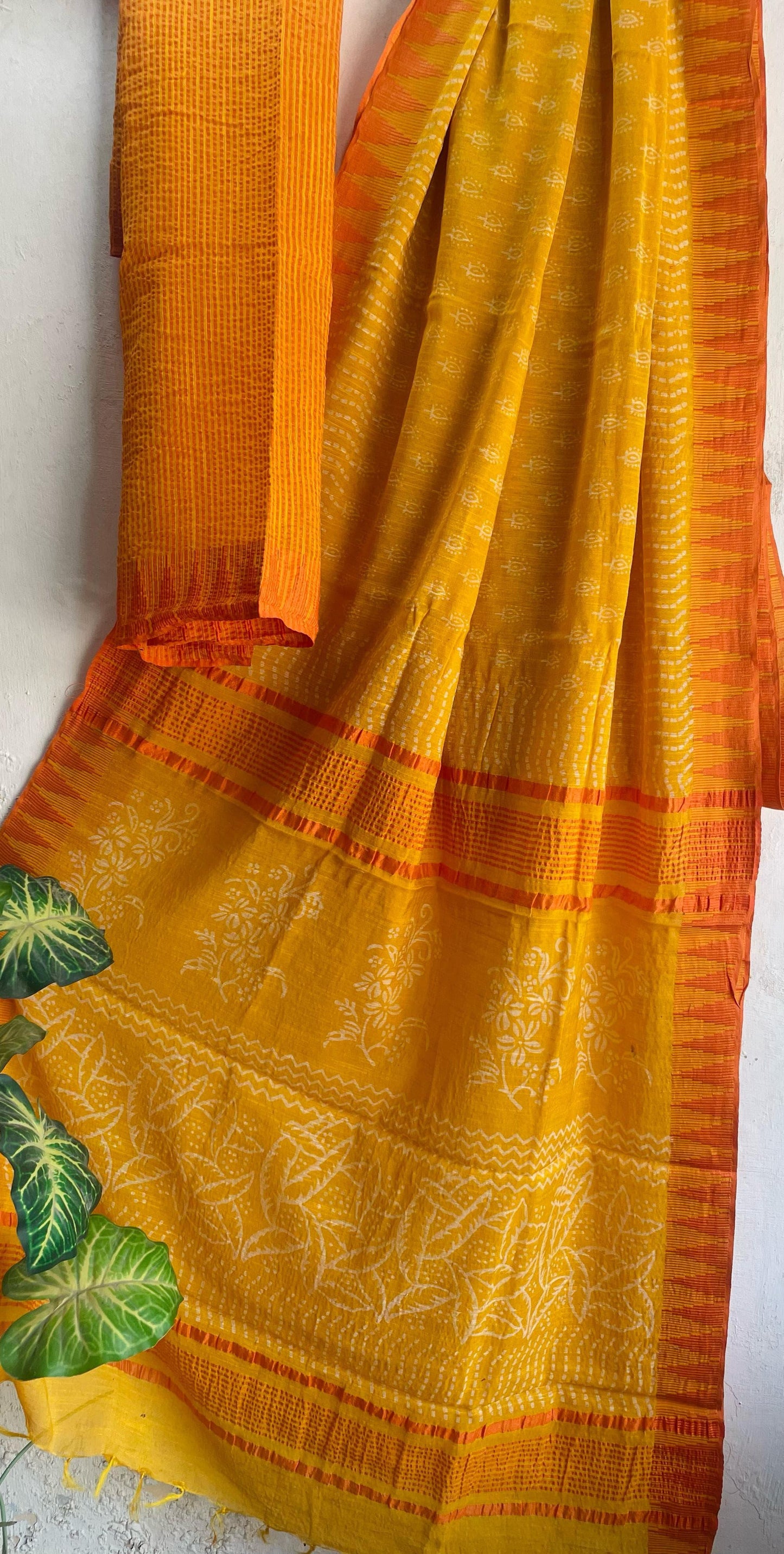 Hand Block Printed Cotton Silk Saree with Temple Border (Ajrakh & Dabu)