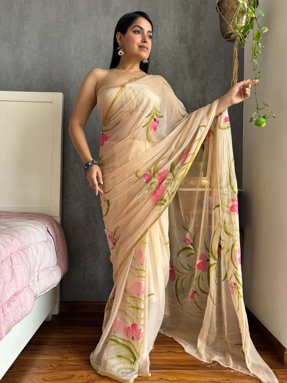 Hand Painted Chiffon Saree with Zari Border – Soft & Elegant Party Wear
