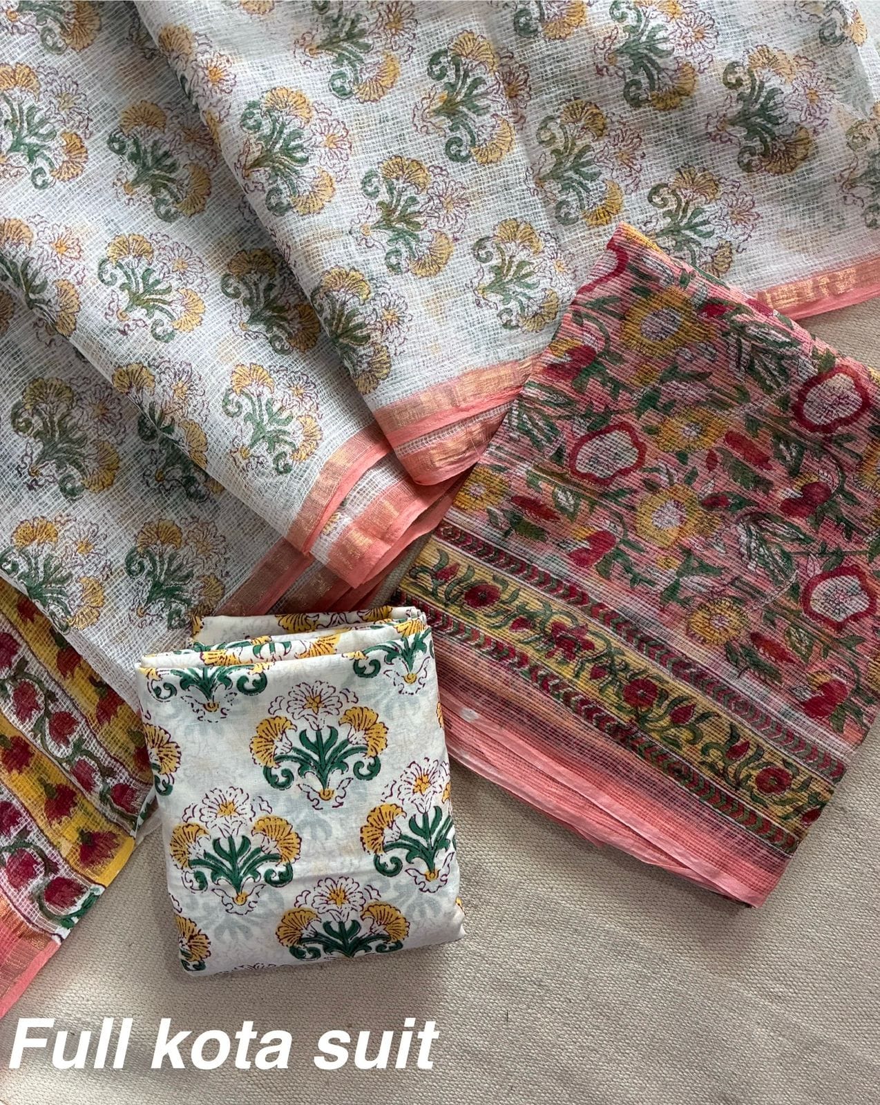 Premium Pure Full Kota Doria Suit | Hand Block Printed Silk Cotton Set