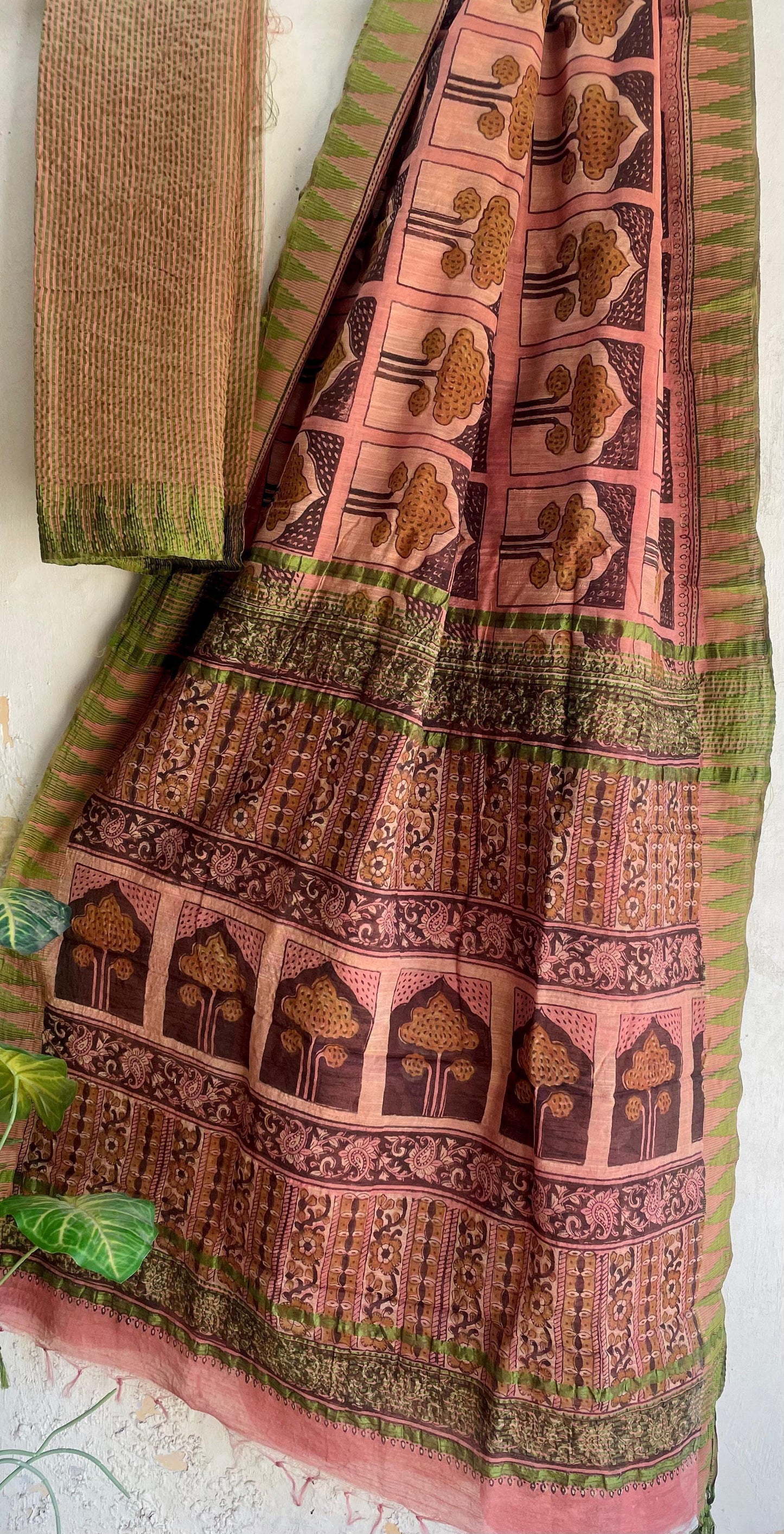 Hand Block Printed Cotton Silk Saree with Temple Border (Ajrakh & Dabu)