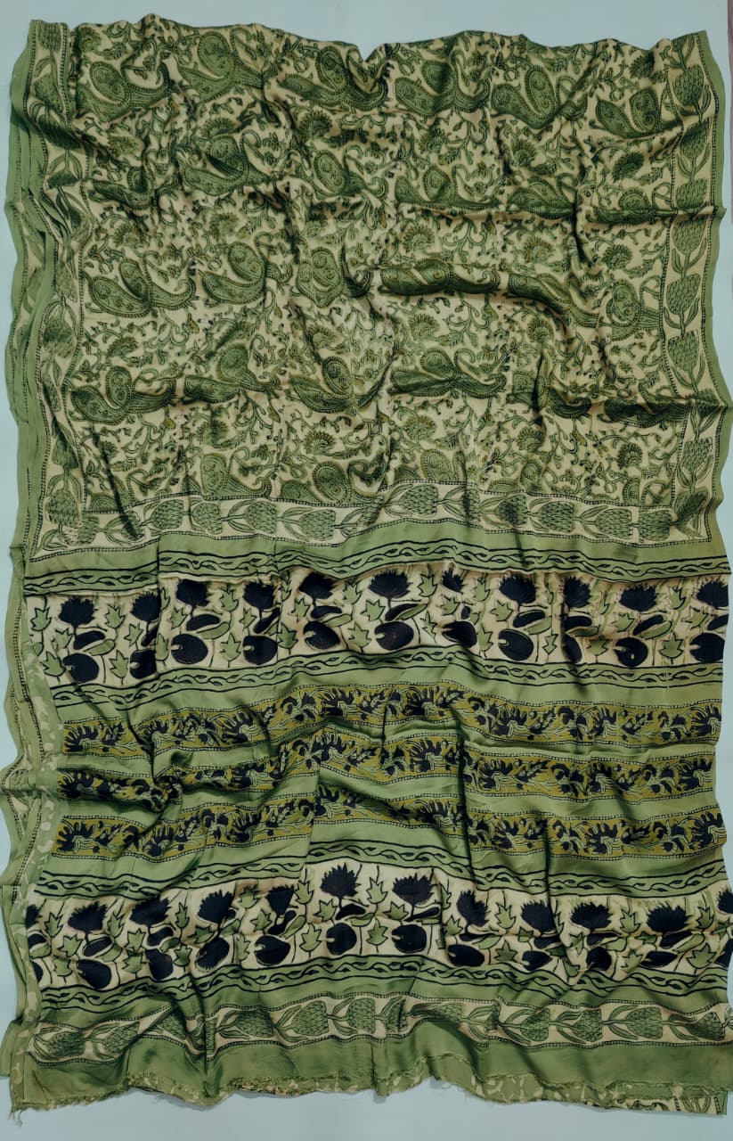 Premium Natural Ajrakh Hand Block Printed Modal Silk Saree