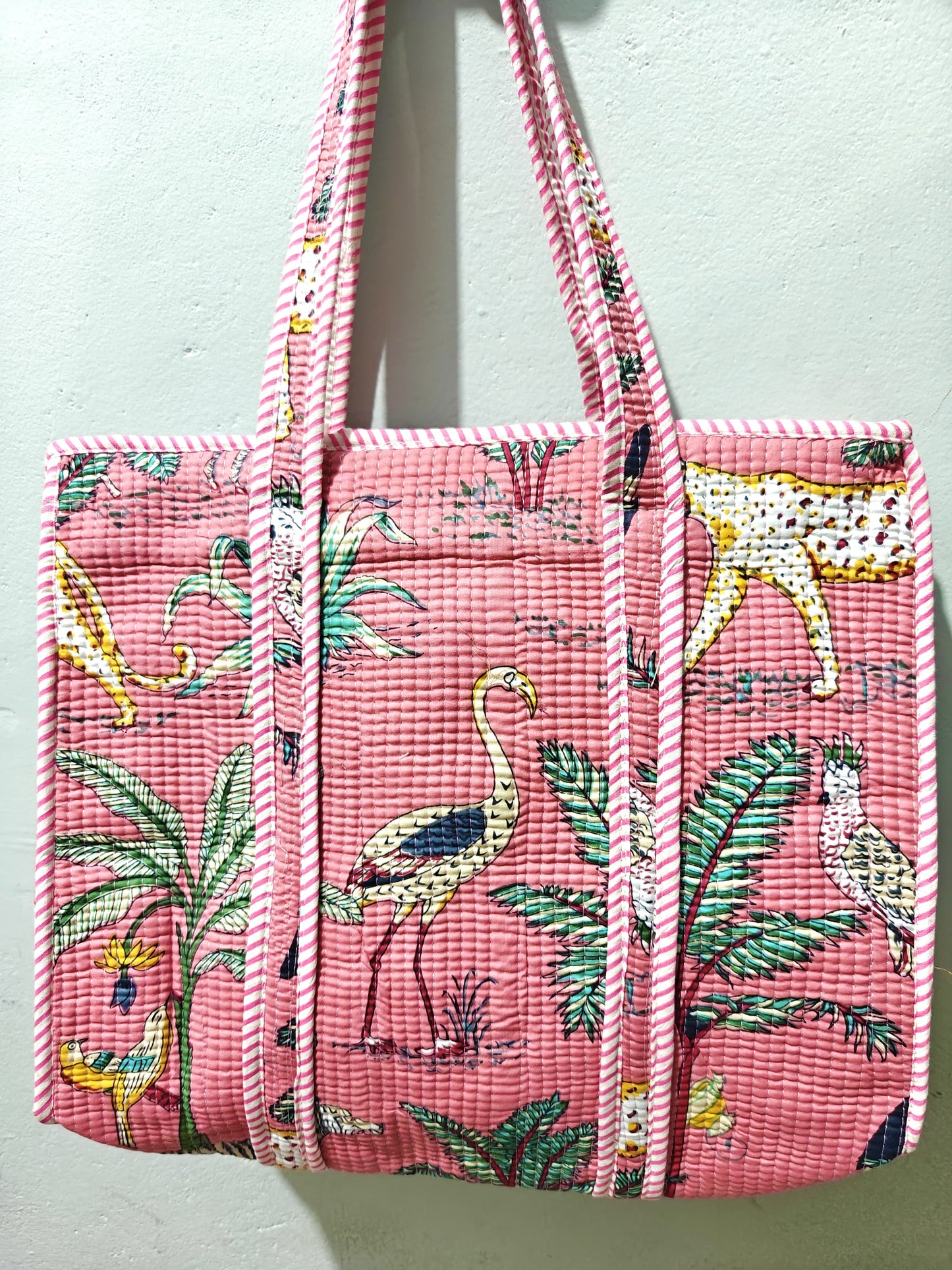 Cotton Quilted Tote Bag with Zip & External Water Bottle Pocket