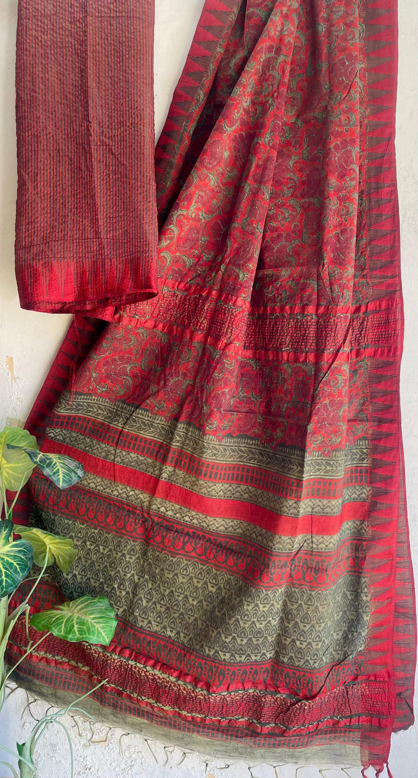 Hand Block Printed Cotton Silk Saree with Temple Border (Ajrakh & Dabu)