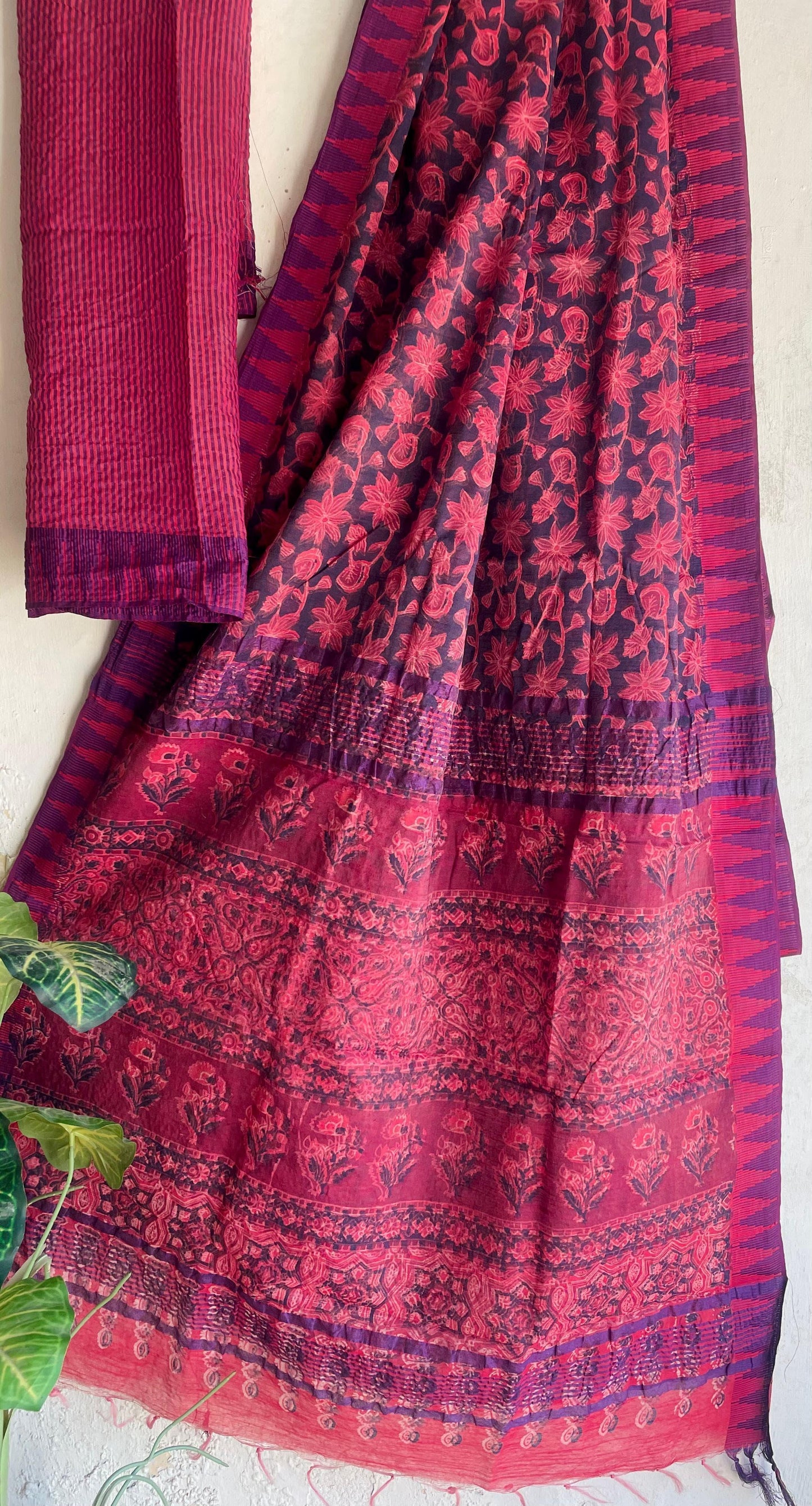 Hand Block Printed Cotton Silk Saree with Temple Border (Ajrakh & Dabu)