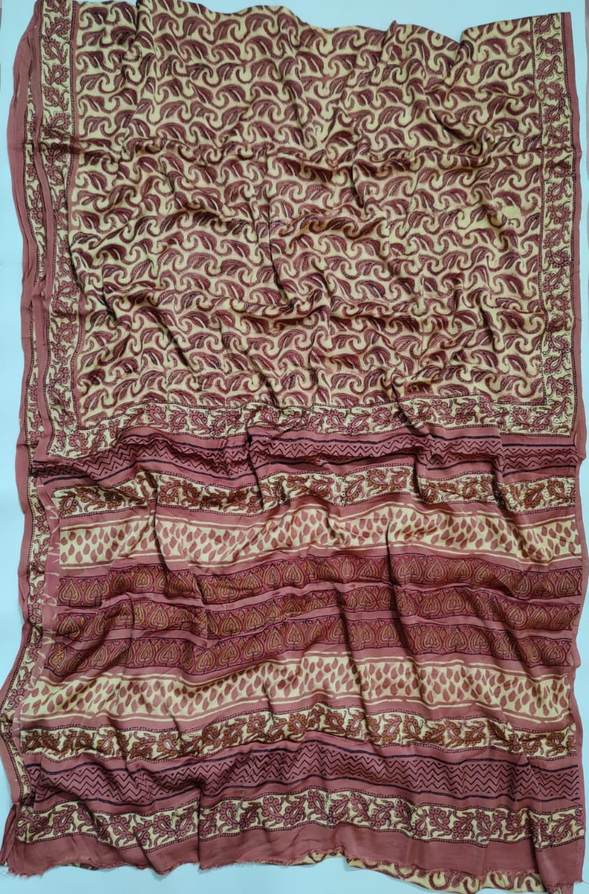 Premium Natural Ajrakh Hand Block Printed Modal Silk Saree