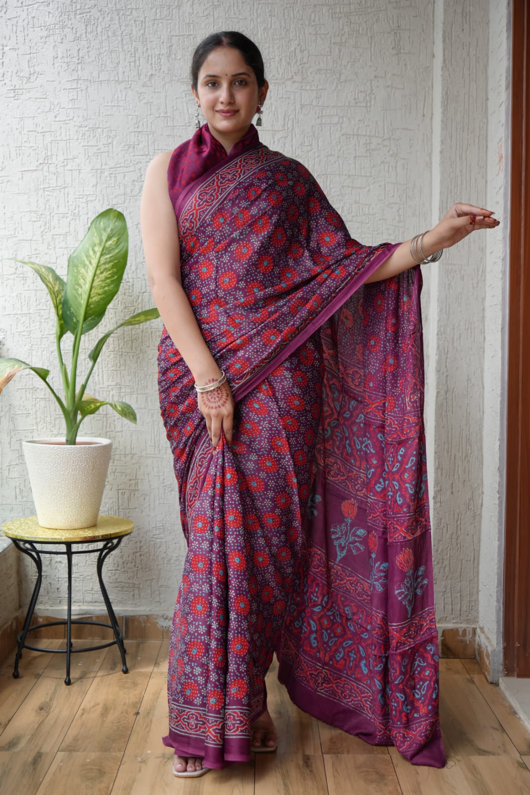 Exclusive Natural-Dye Ajrakh Vanaspati Pure Modal Silk Saree + Printed Blouse