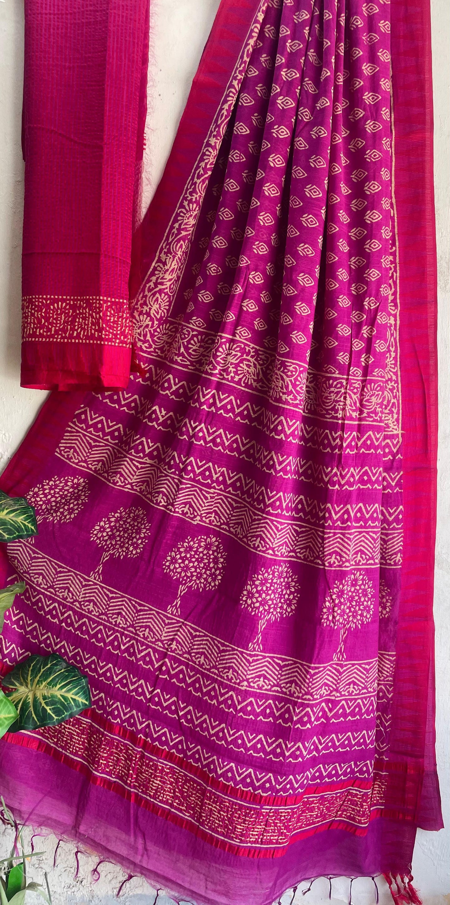 Hand Block Printed Cotton Silk Saree with Temple Border (Ajrakh & Dabu)