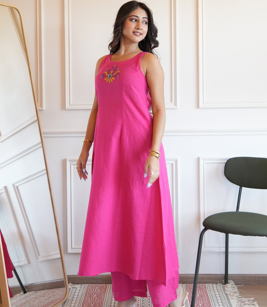 Beautiful Aline Cotton Kurta Set | Cotton Palazzo & Mega Sleeves