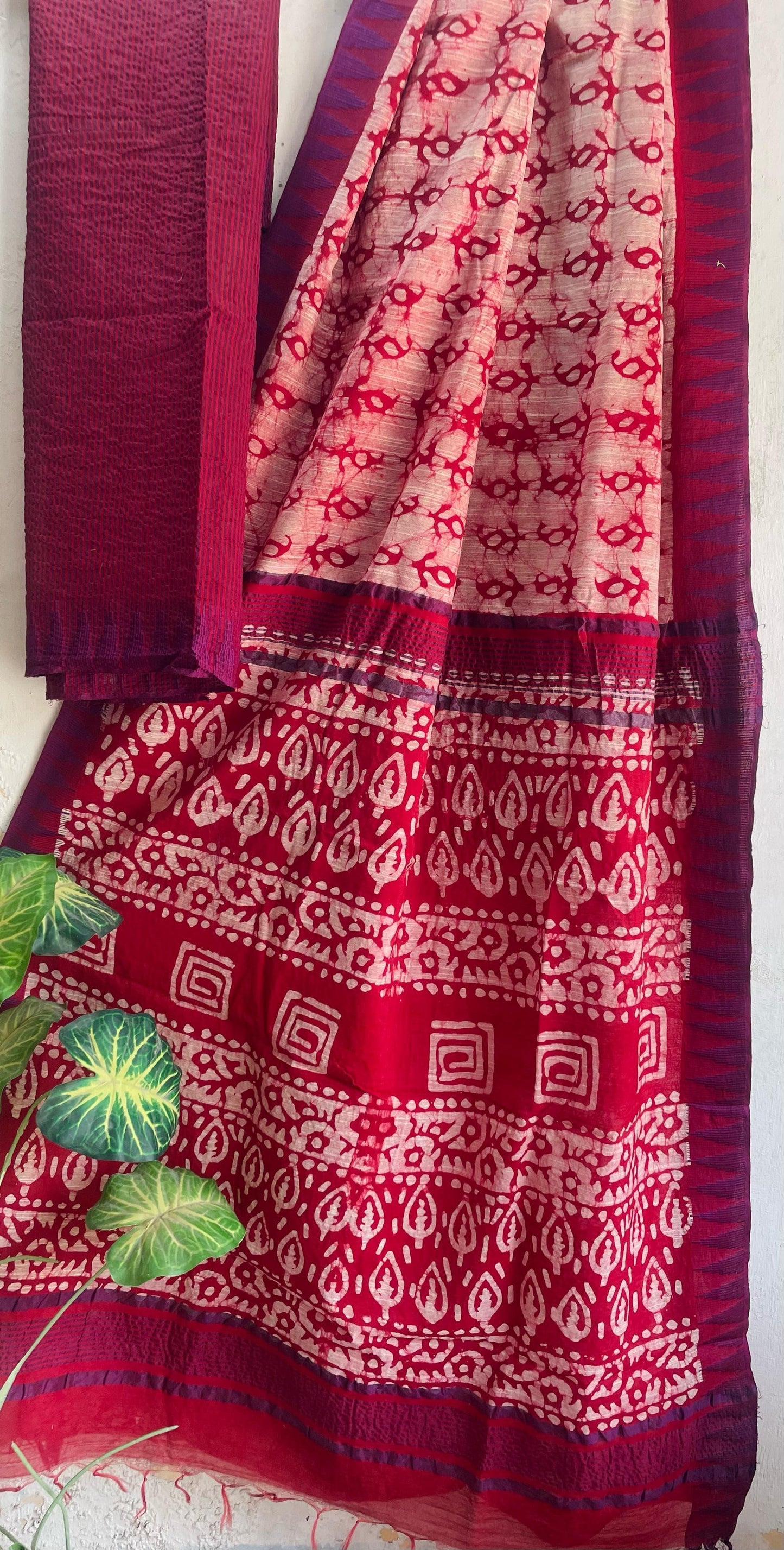 Hand Block Printed Cotton Silk Saree with Temple Border (Ajrakh & Dabu)