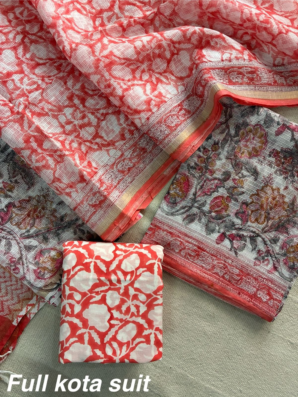 Premium Pure Full Kota Doria Suit | Hand Block Printed Silk Cotton Set