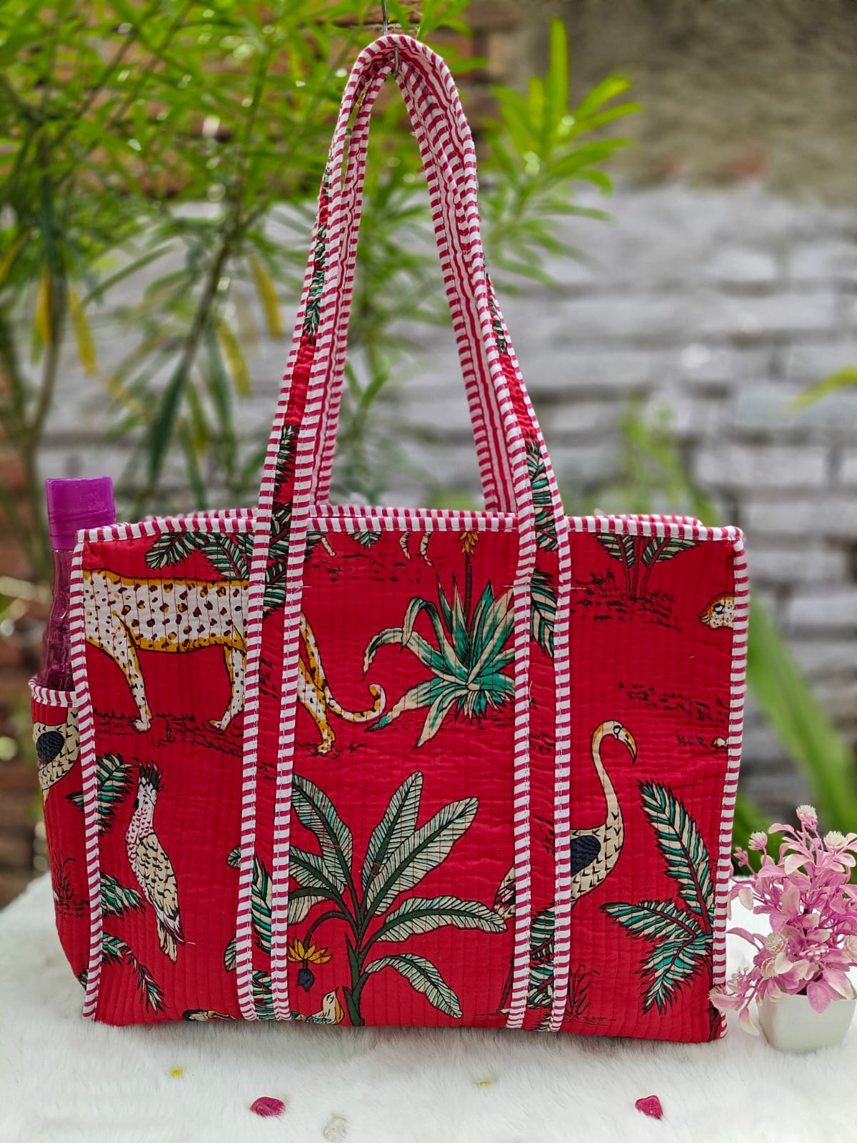 Cotton Quilted Tote Bag with Zip & External Water Bottle Pocket