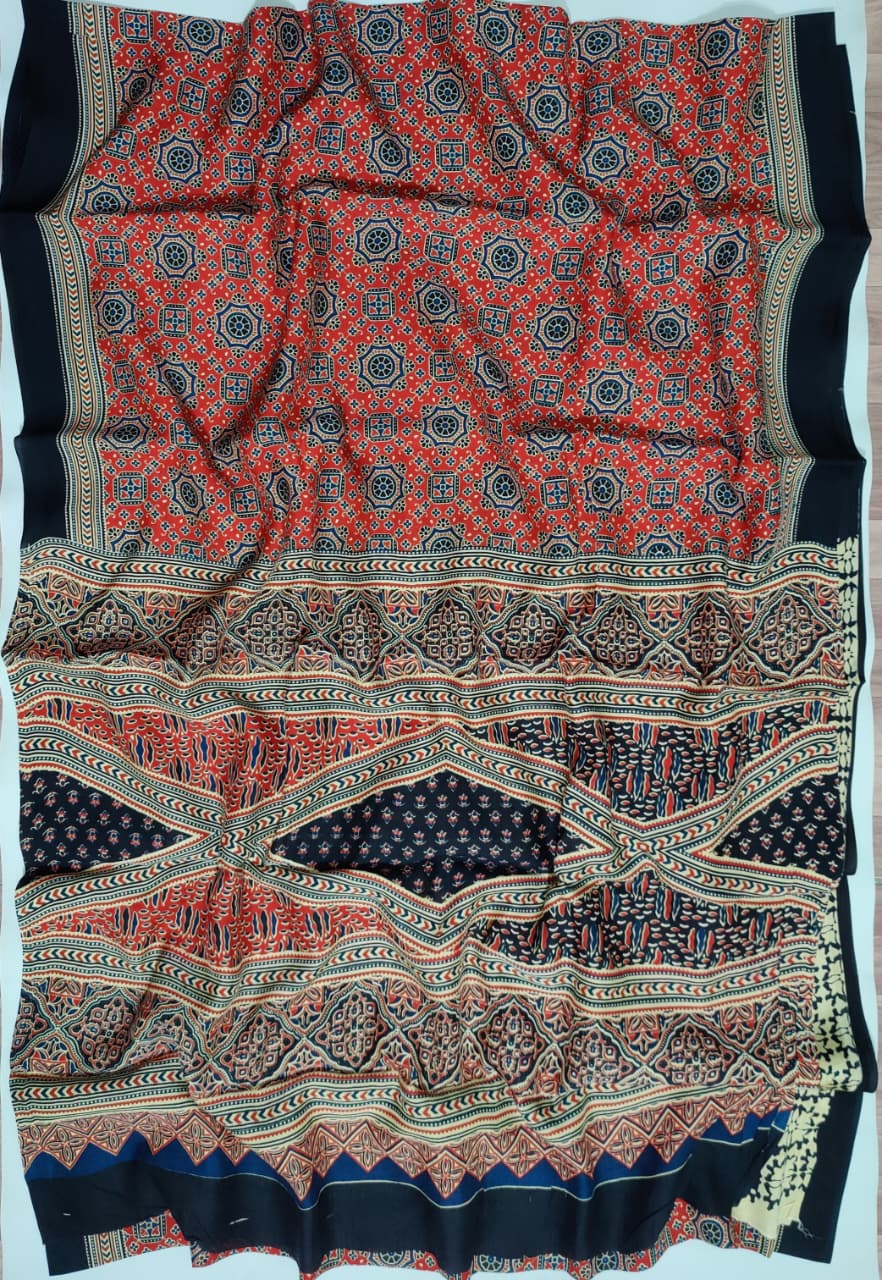 Premium Natural Ajrakh Hand Block Printed Modal Silk Saree