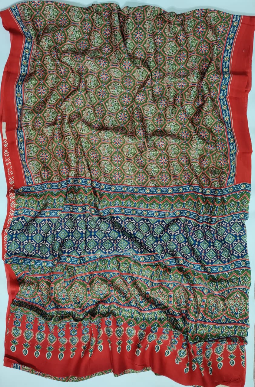 Premium Natural Ajrakh Hand Block Printed Modal Silk Saree