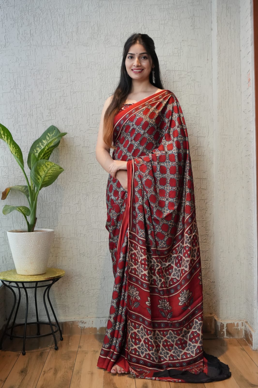 Pure Ajrakh Print Modal Silk Saree (Vegetable-Dyed) + Printed Blouse
