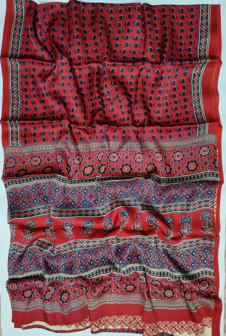 Premium Natural Ajrakh Hand Block Printed Modal Silk Saree