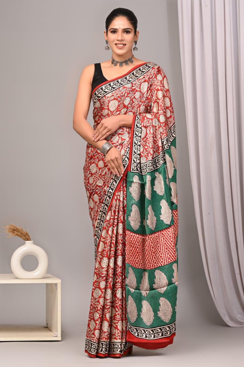 Exclusive Natural-Dye Ajrakh Vanaspati Pure Modal Silk Saree + Printed Blouse