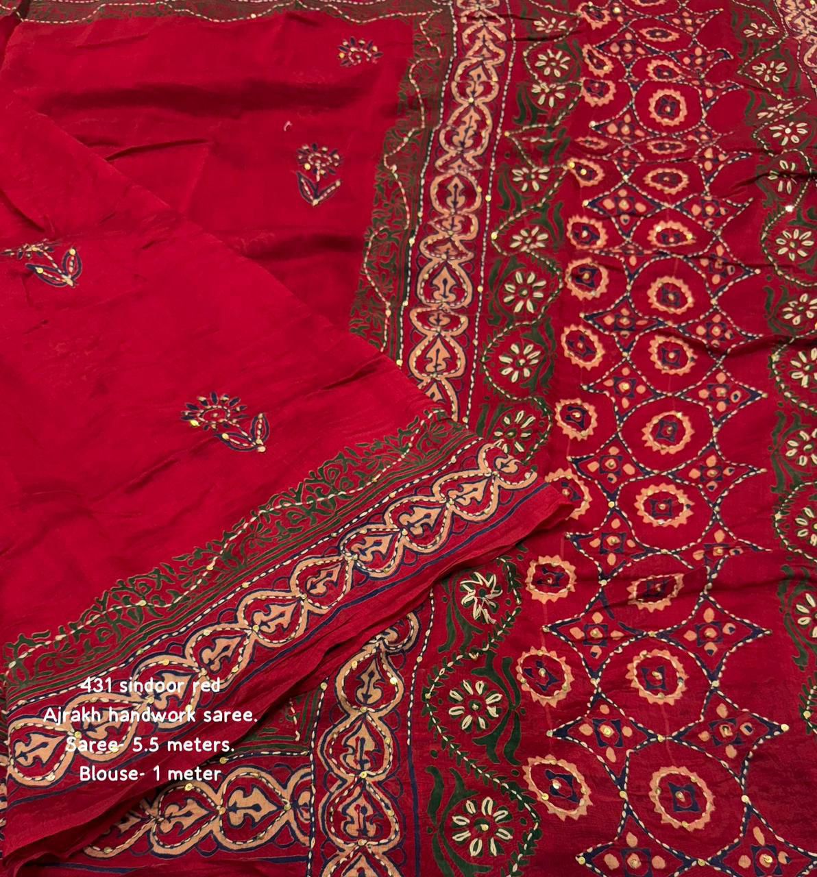 Premium Ajrakh Handwork Chanderi Cotton Saree with Kaatha Work