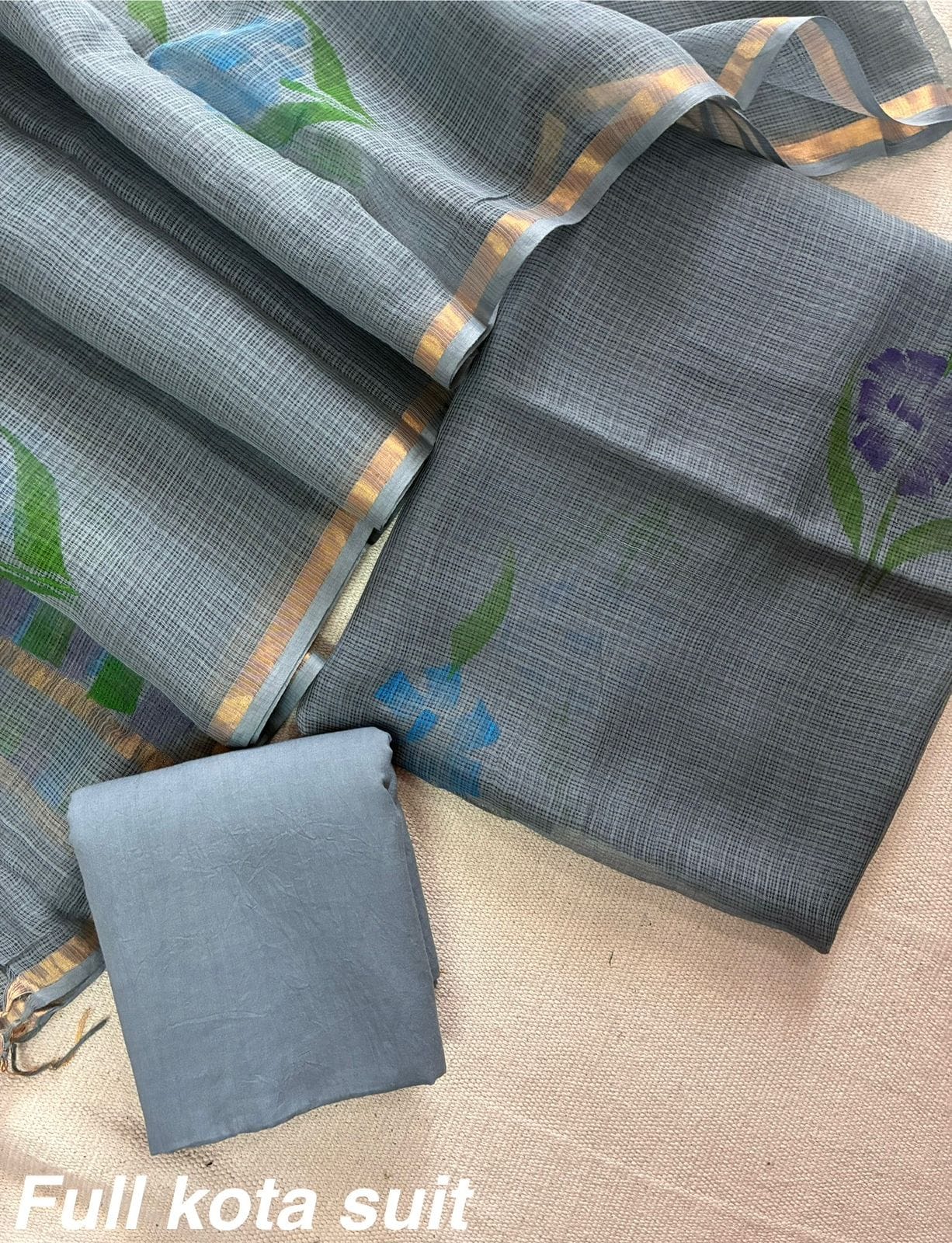 Premium Pure Full Kota Doria Suit | Hand Block Printed Silk Cotton Set