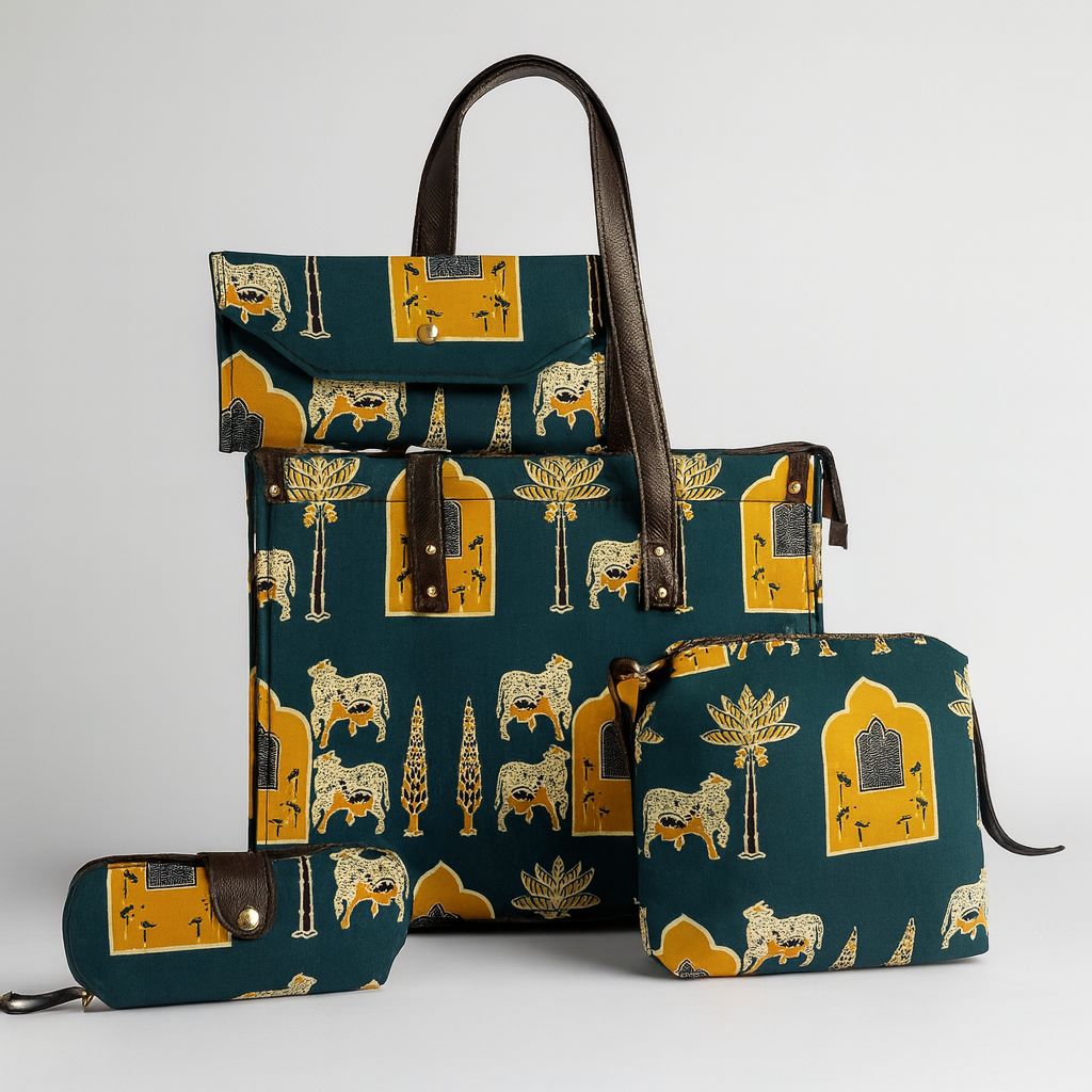 4-in-1 Combo Tote Bag Set with Hand Block Print