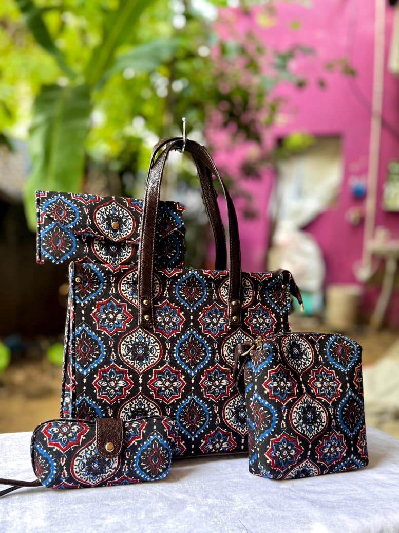 4-in-1 Combo Tote Bag Set with Hand Block Print