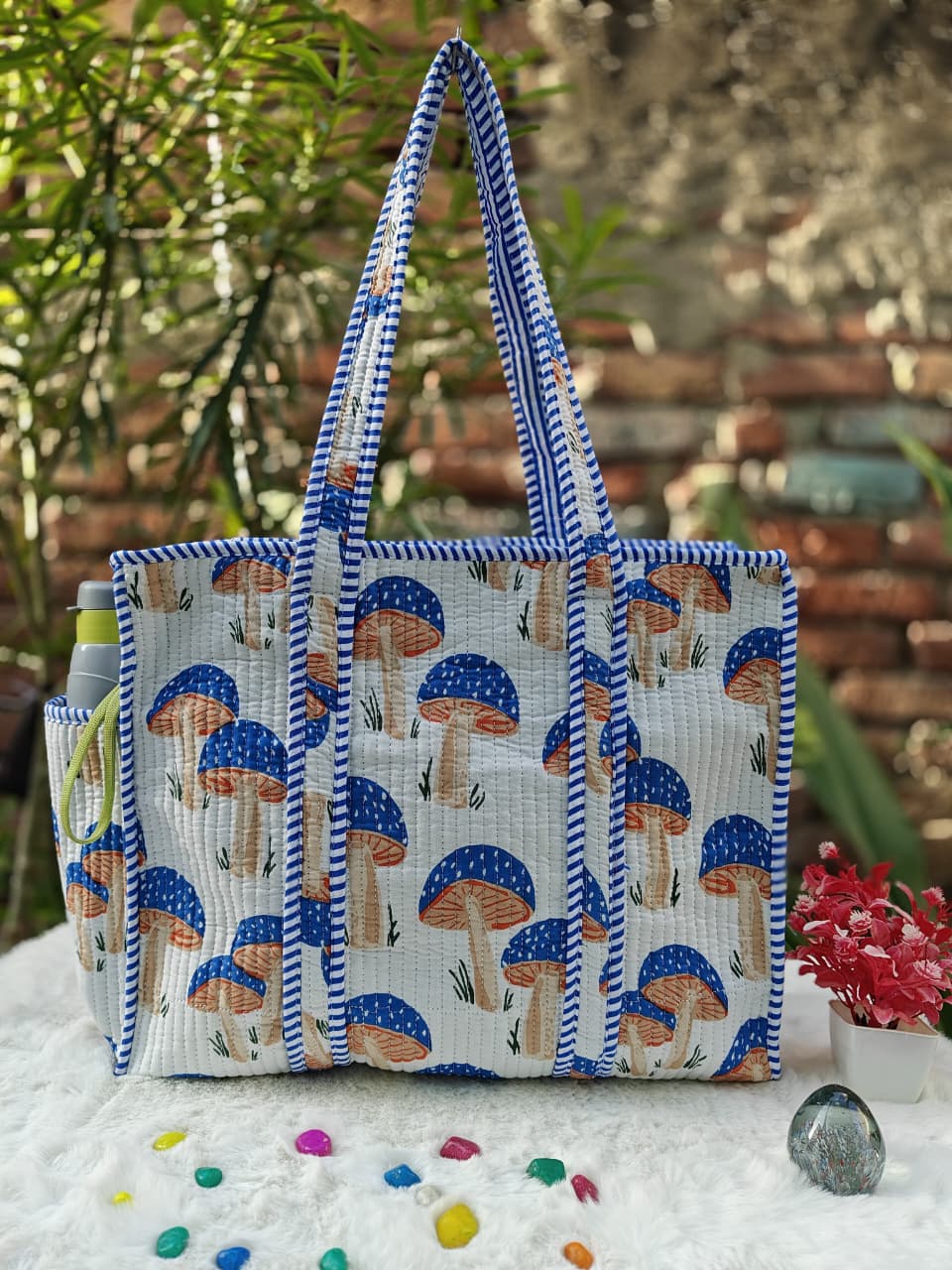 Cotton Quilted Tote Bag with Zip & External Water Bottle Pocket