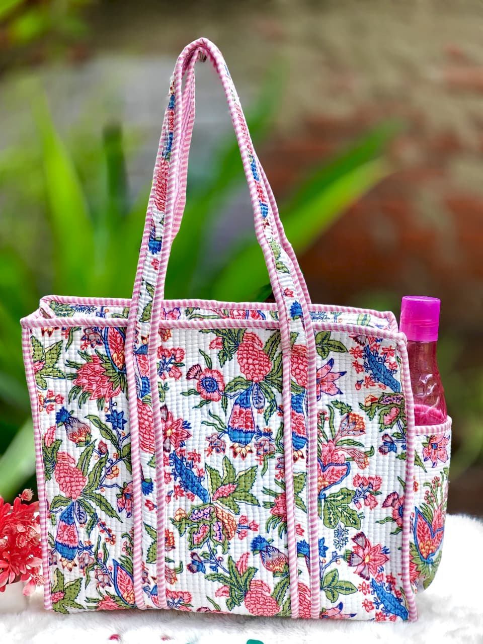 Cotton Quilted Tote Bag with Zip & External Water Bottle Pocket