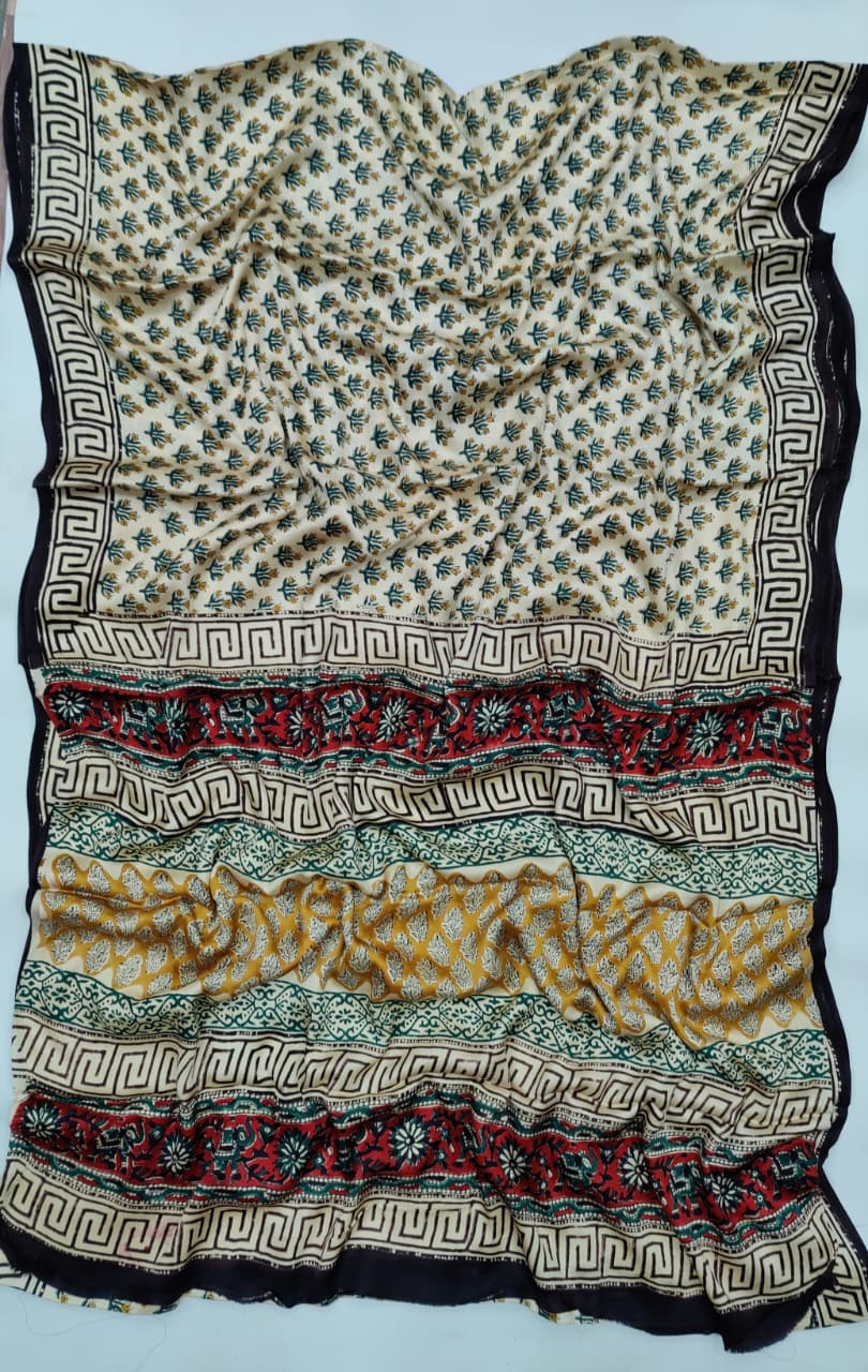 Premium Natural Ajrakh Hand Block Printed Modal Silk Saree