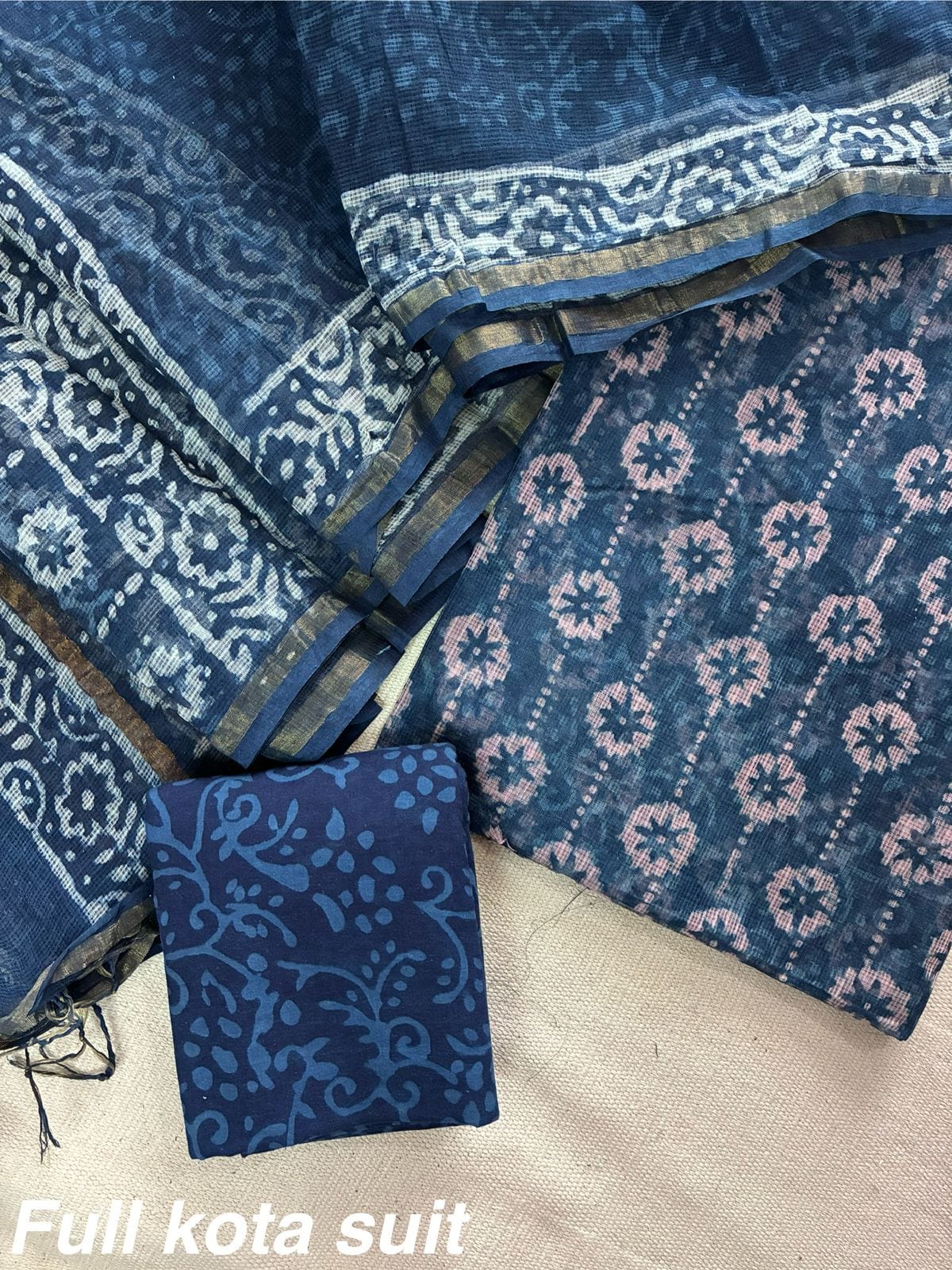 Premium Pure Full Kota Doria Suit | Hand Block Printed Silk Cotton Set