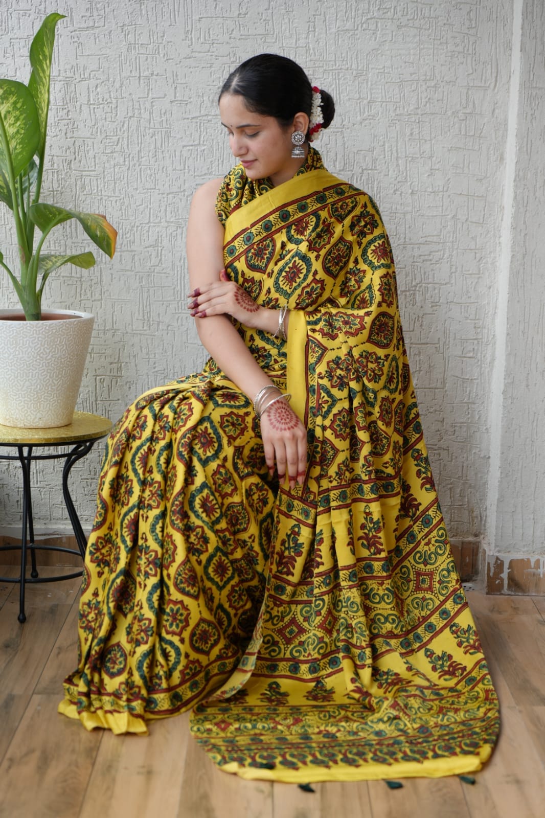 Pure Ajrakh Print Modal Silk Saree (Vegetable-Dyed) + Printed Blouse