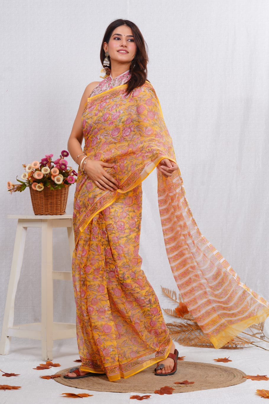 Kota Doriya Hand Block Printed Saree with Blouse (Natural Dye)