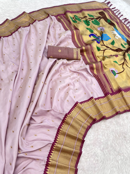 Paithani Silk Saree with Gold Zari Motifs & Swan Meenakari Pallu