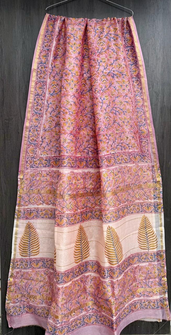 Hand Block Printed Bagru Pure Chanderi Saree with Blouse Piece
