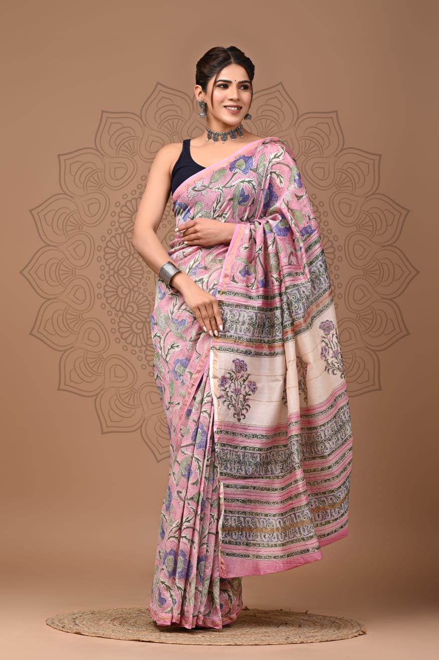 Hand Block Printed Bagru Pure Chanderi Saree with Blouse Piece