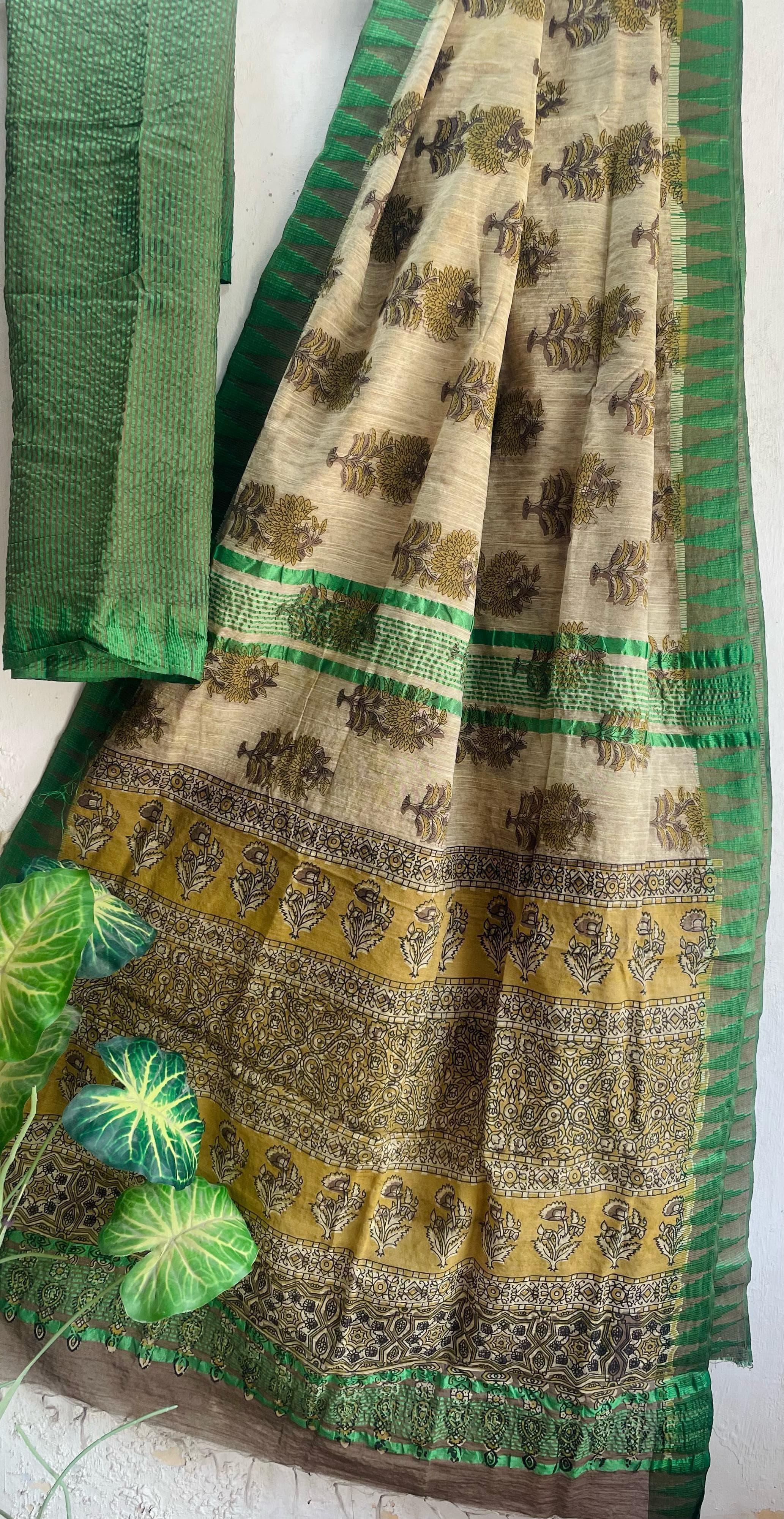 Hand Block Printed Cotton Silk Saree with Temple Border (Ajrakh & Dabu)