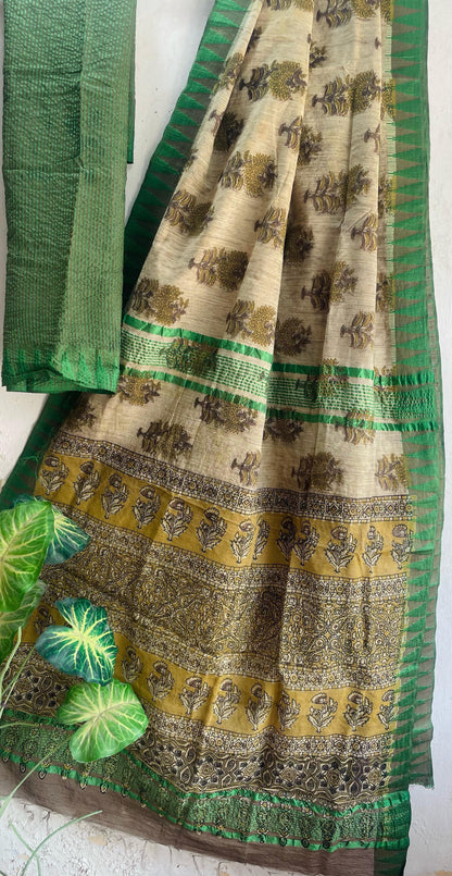 Hand Block Printed Cotton Silk Saree with Temple Border (Ajrakh & Dabu)