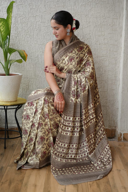 Exclusive Natural-Dye Ajrakh Vanaspati Pure Modal Silk Saree + Printed Blouse