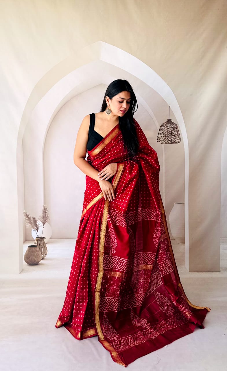 Traditional Hand Block Printed Maheshwari Silk Saree with Zari