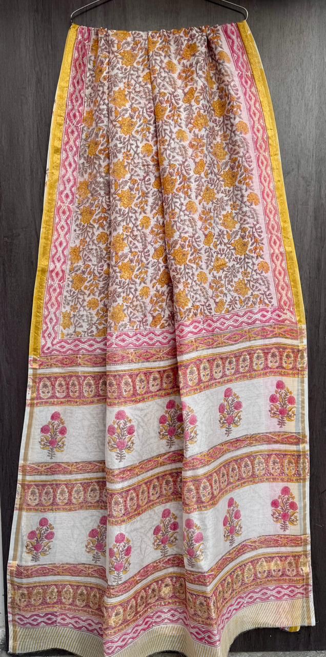 Hand Block Printed Bagru Pure Chanderi Saree with Blouse Piece