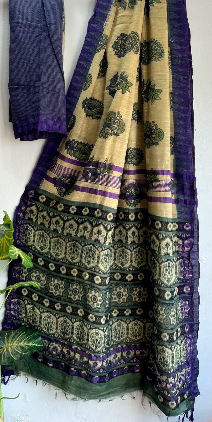 Hand Block Printed Cotton Silk Saree with Temple Border (Ajrakh & Dabu)